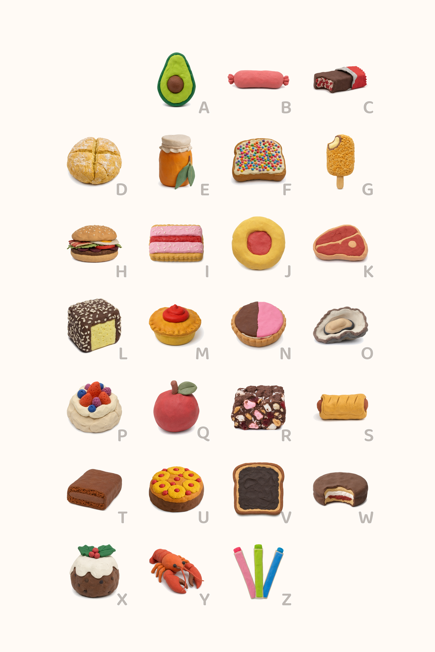 Aussie Foods Alphabet poster in the Claymation art style
