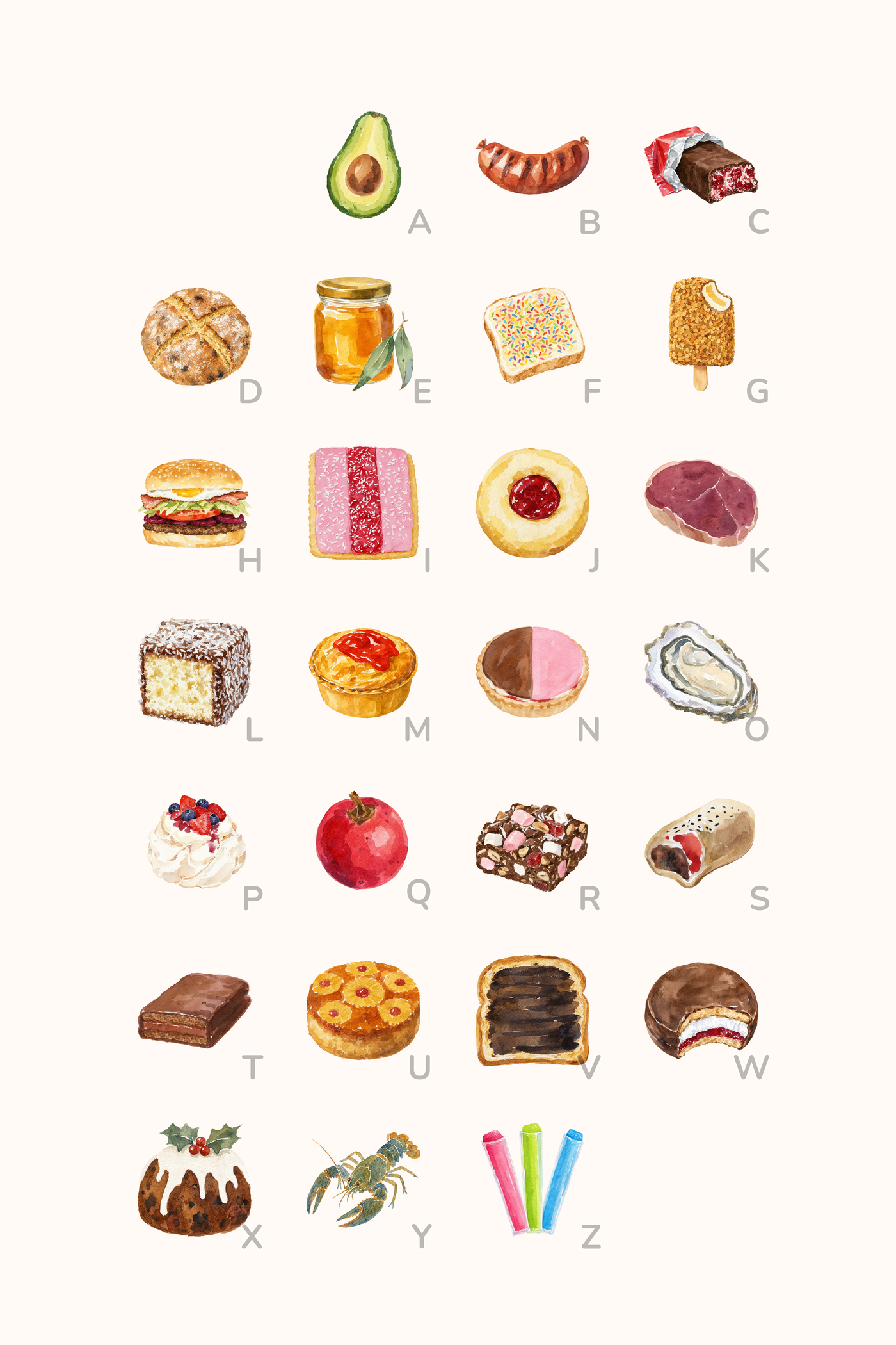 Aussie Foods Alphabet poster in the Watercolor art style