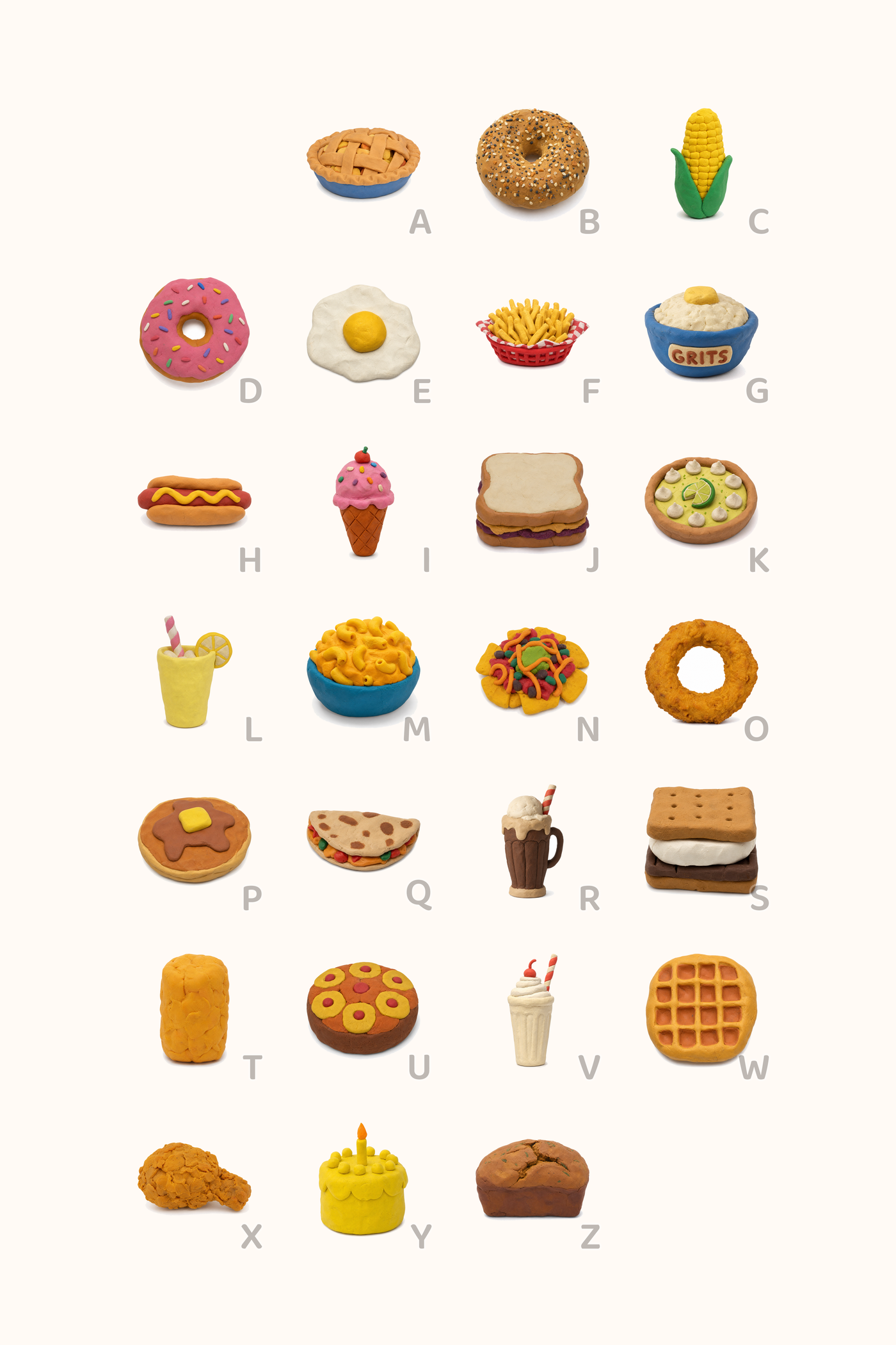 American Foods Alphabet poster in the Claymation art style