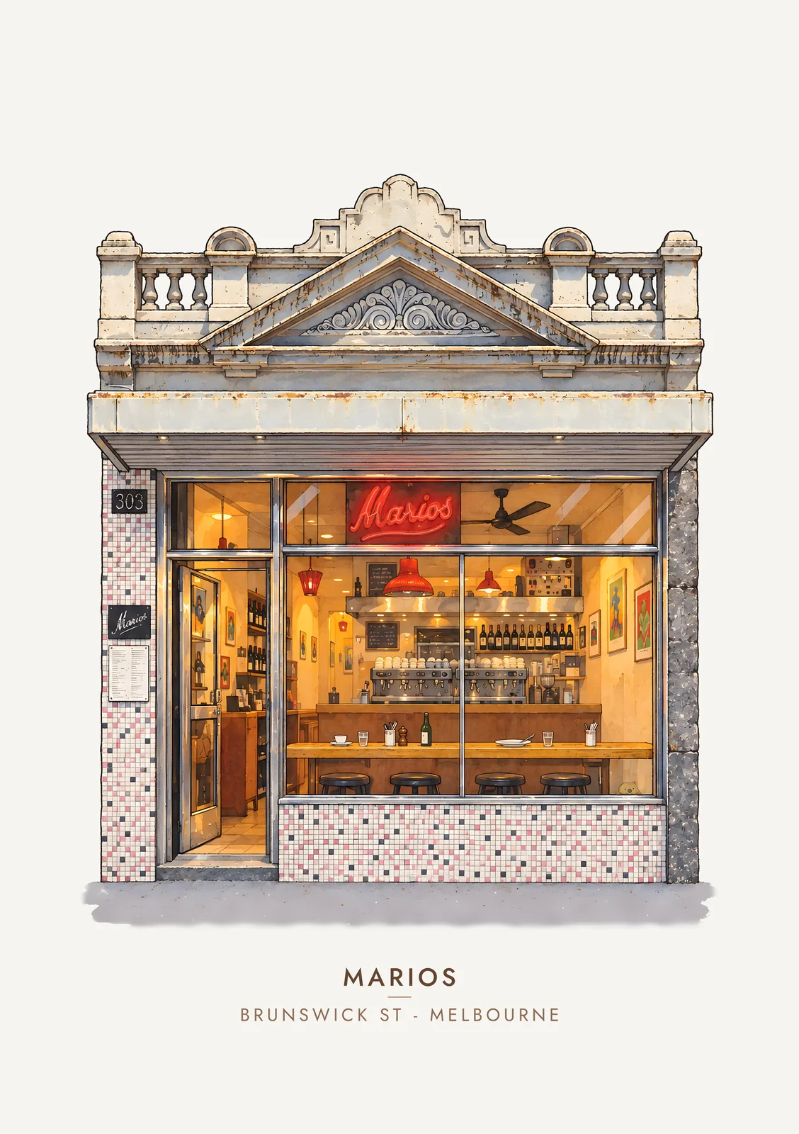 Marios, Brunswick Street, Fitzroy – Moosh's Melbourne Art Print poster