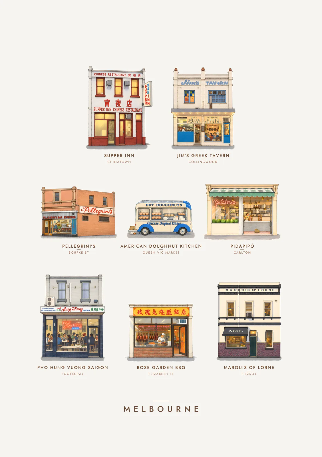 Moosh's Melbourne: Eight Shopfronts – Melbourne Art Print poster