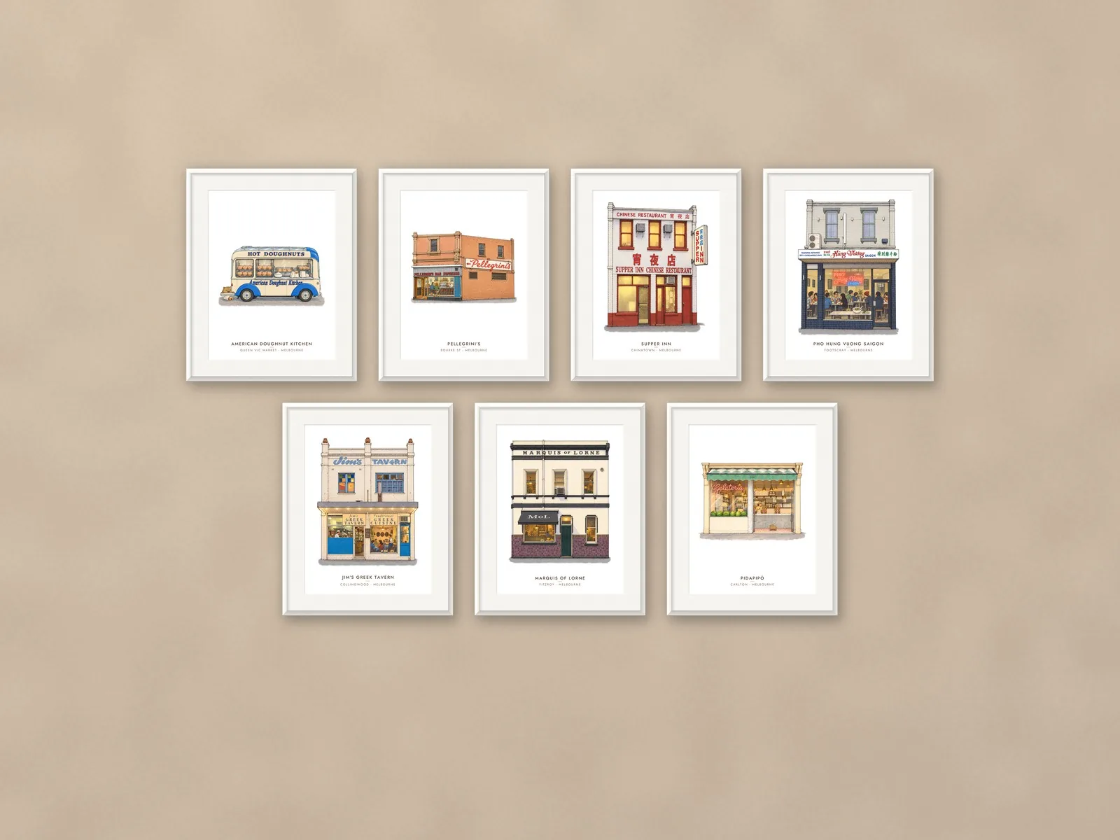 Moosh's Melbourne: Seven Shopfronts – Melbourne Art Print framed on a wall