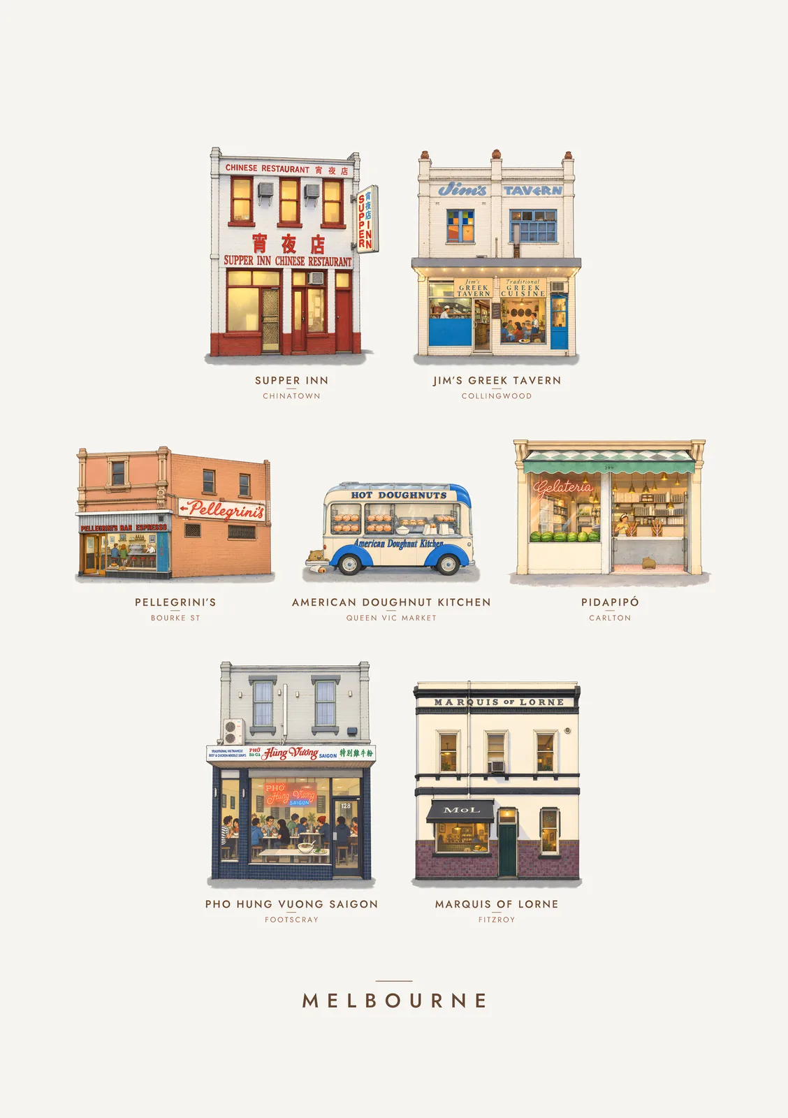 Moosh's Melbourne: Seven Shopfronts – Melbourne Art Print poster